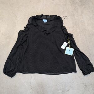 NWT CeCe Whistful Daydream Black Ruffle Detail Women's L Top Blouse